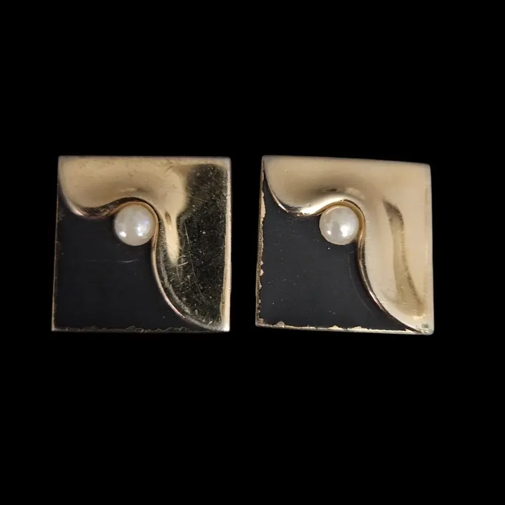 Vintage Swank Gold Tone Square Faux Pearl Cufflinks Geometric Mid Century
